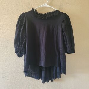 Othilia Anthropologie Black Puff Sleeve Embroidered Babydoll Top Ruffle Boho Med